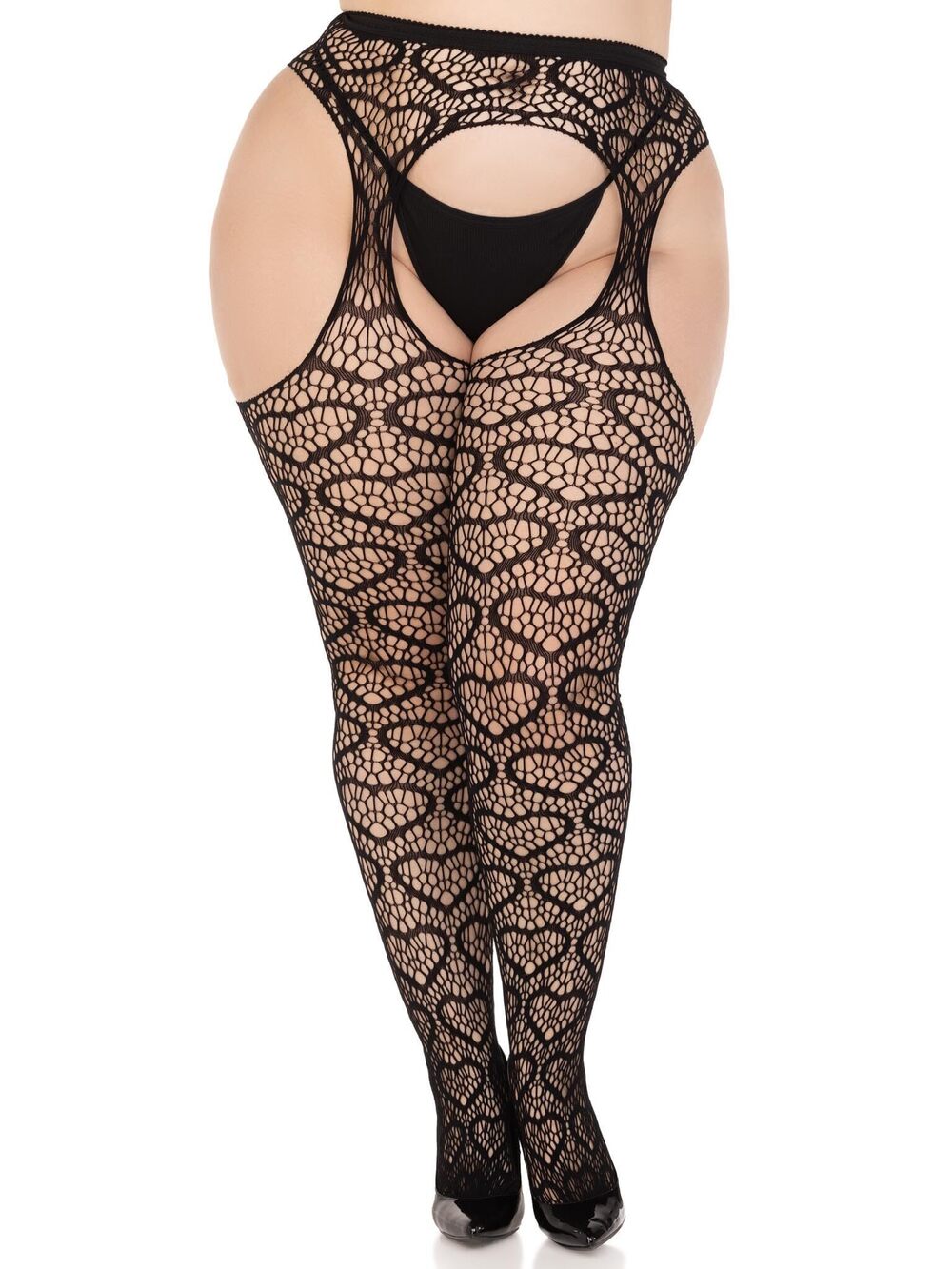 1975 ’s Heart Net Suspender Pantyhose Stockings, BLACK,O/S